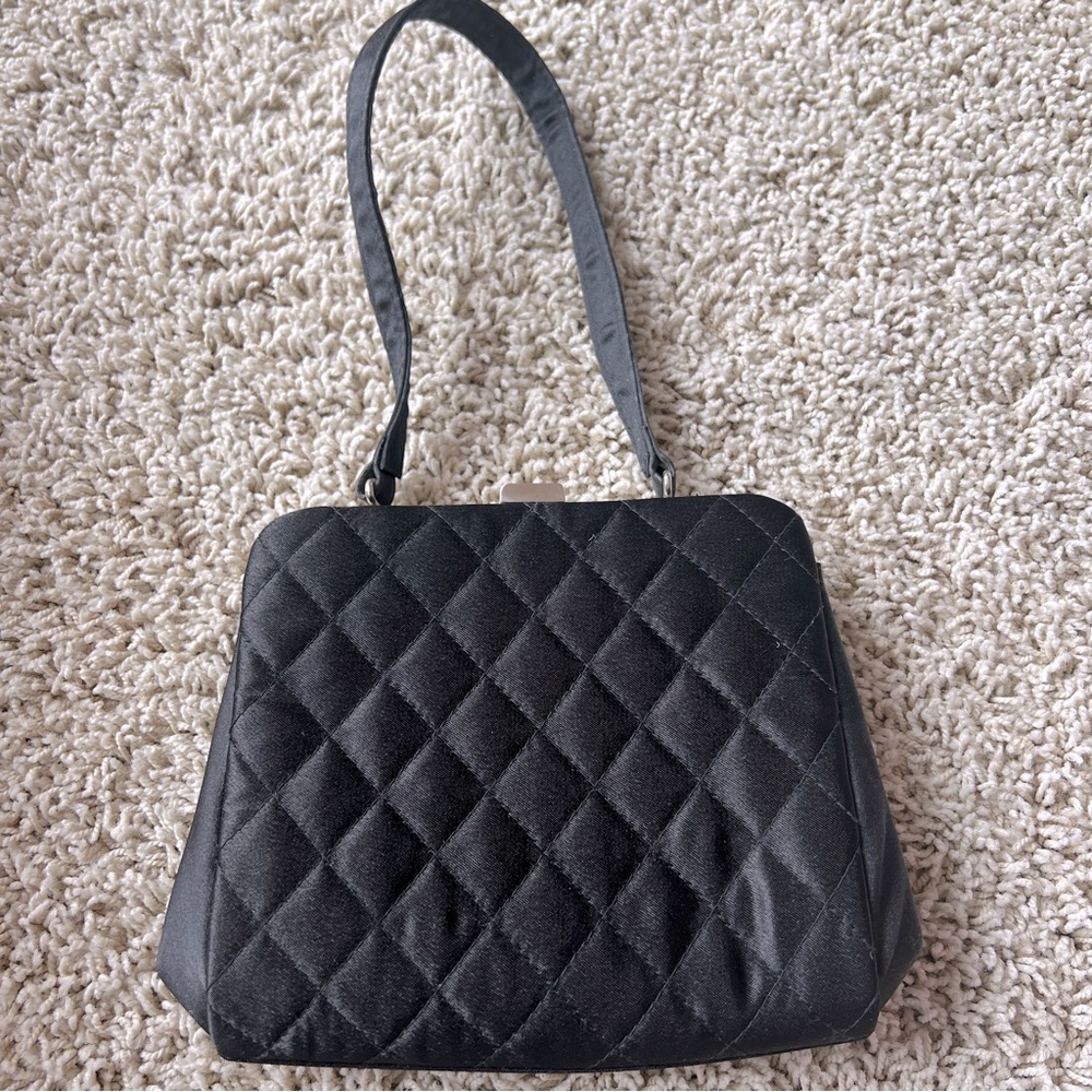 Vintage Black Satin Handled Quilted Purse Silver Clasp Evening Bag L7
